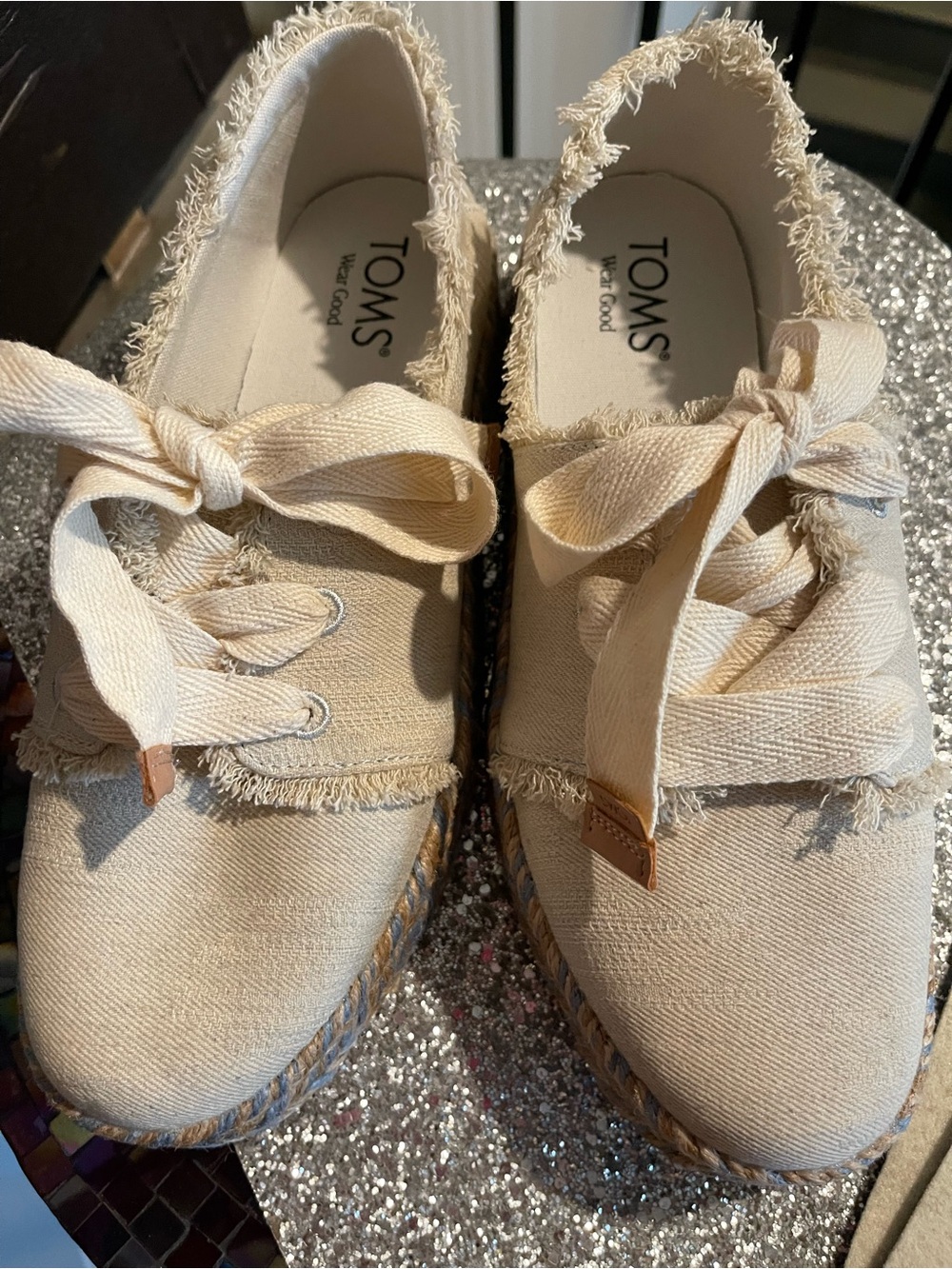 TOMS Cream Canvas Frayed Ribbon Lace Espadrilles